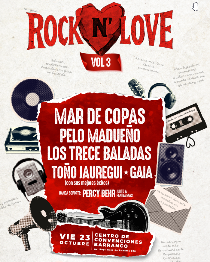Afiche oficial Rock and Love Vol. 3 con Mar de Copas, Pelo Madueño, Los Trece Baladas, Toño Jáuregui y Gaia